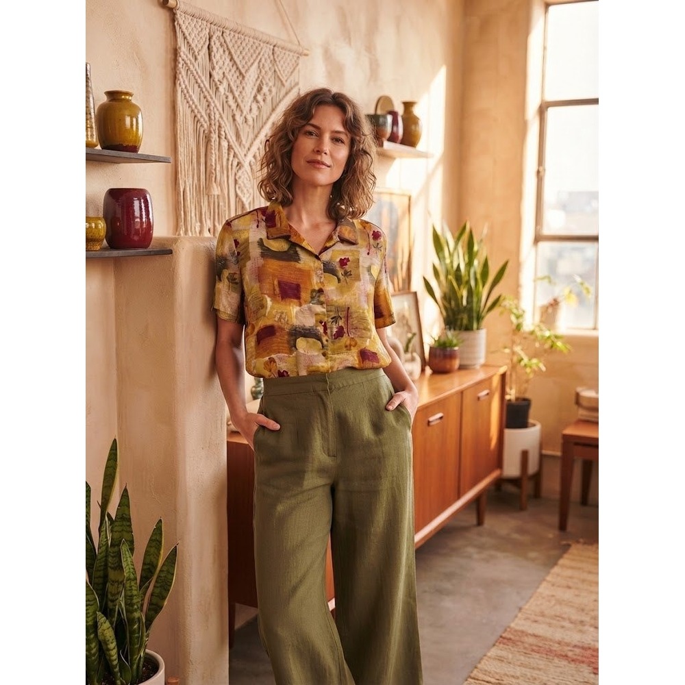 Anna and Frank Silk Button Down Shirt Womens XL Gold Abstract Floral Art To Wear